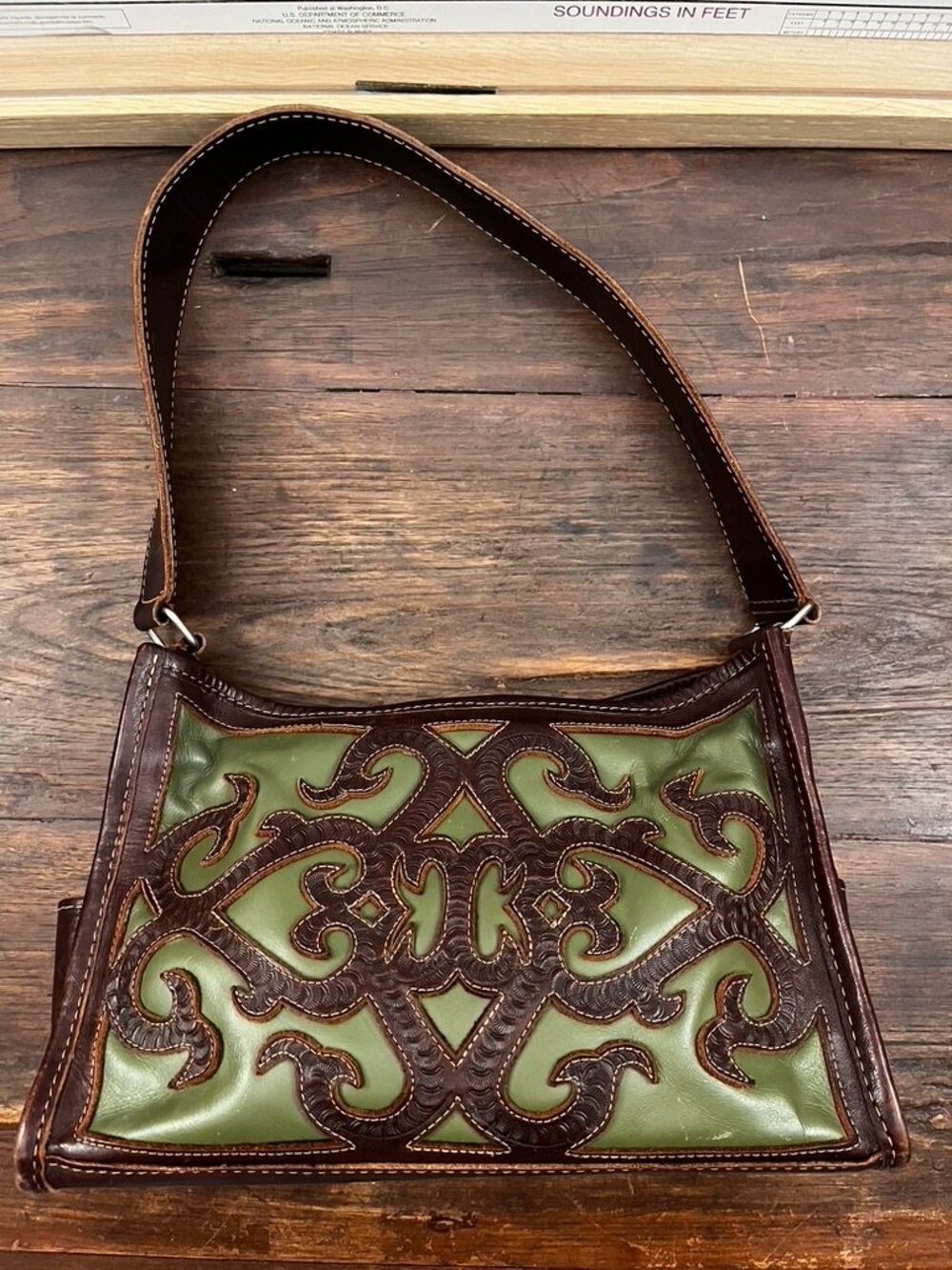 Leaders in Leather Tooled Shoulder Bag Tan and Green